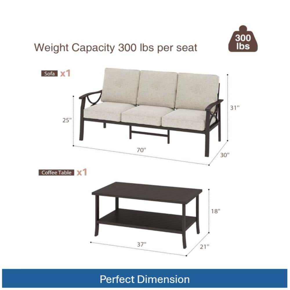 Sofa and coffee table dimensions and weight capacity specifications.