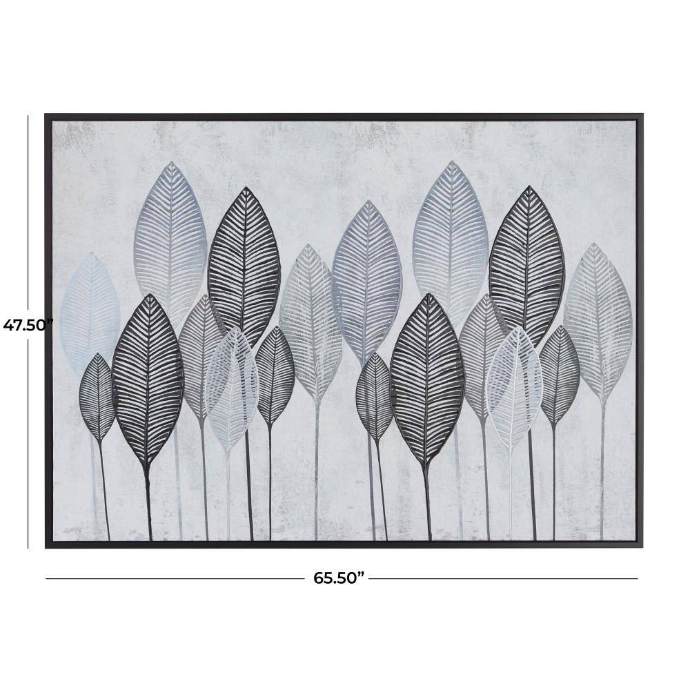 Gray and Black Abstract Leaf Canvas Wall Art with Silver Frame
