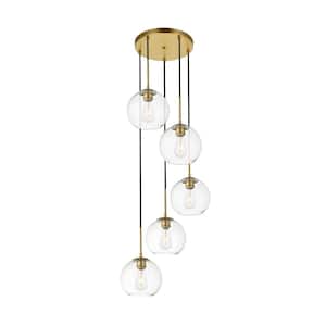 Timeless Home Blake 5-Light Brass Pendant with 7.9 in. W x 7.1 in. H Clear Glass Shade