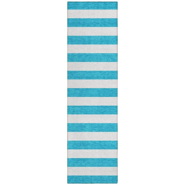 Teal Blue, White 2 ft. x 8 ft. Woven Striped Polyester Runner Indoor / Outdoor Area Rug
