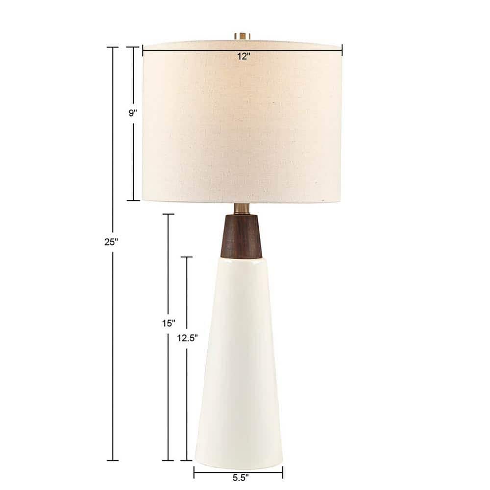 White Ceramic and Wood Table Lamp with Drum Shade