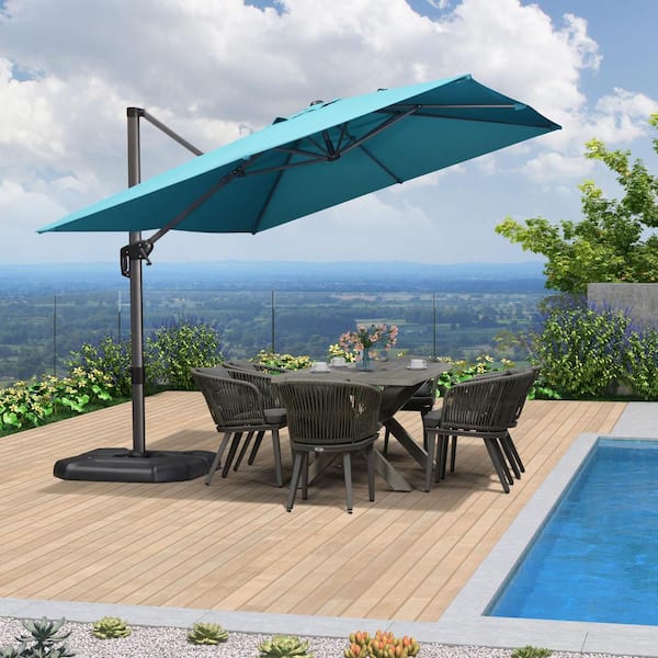 PURPLE LEAF 9 ft. x 11.5 ft. Aluminum Outdoor Patio Cantilever Umbrella Offset 360° Rotation Umbrella with Base, Turquoise Blue