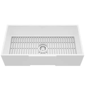 Matte Stone White Composite 36 in. Single Bowl Farmhouse Apron-Front Kitchen Sink with Strainer and Silicone Grid
