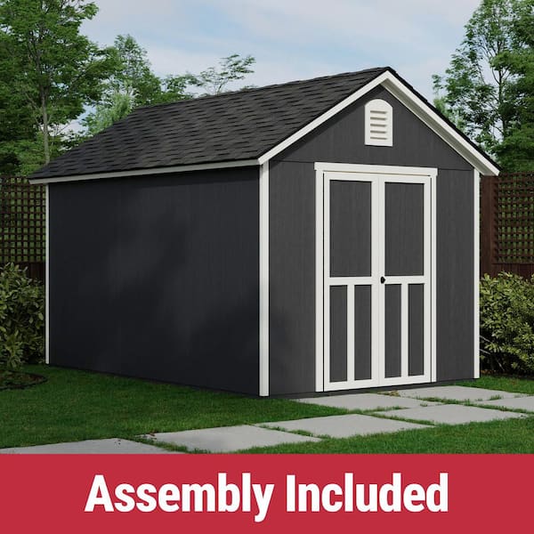 Assembly Included Meridian Deluxe 8 ft. x 12 ft. Wood Shed w/ Floor-Outdoor Storage w/ Black Shingles, 96 sq. ft.