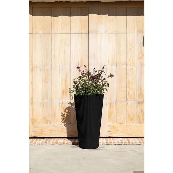 Demi 26 in. Round Black Plastic Tall Planter (2 Pack)