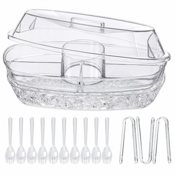 15 in. Chilled Veggie Tray with 4 Compartments and Lid for Fruit, Vegetable, Appetizer, Cold Food Buffet Server, Clear