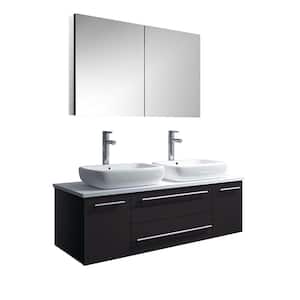 Lucera 48 in. W Wall Hung Vanity in Espresso with Quartz Stone Vanity Top in White with White Basins, Medicine Cabinet