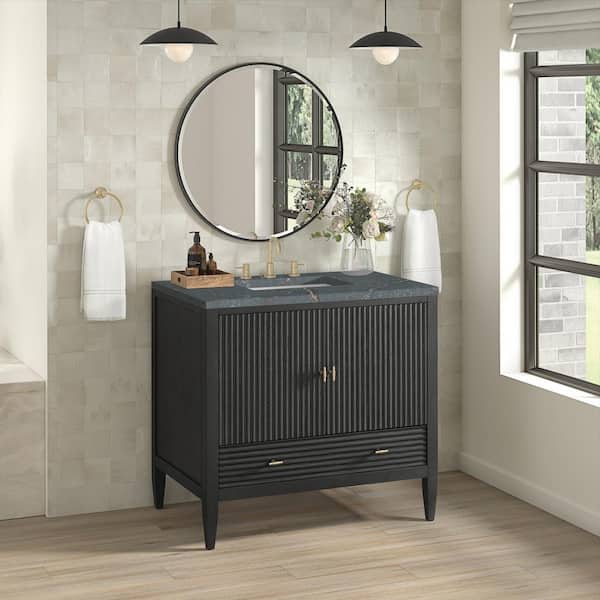 James Martin Vanities Myrrin 36.0 in. W x 23.5 in. D x 34.06 in. H Single Bathroom Vanity Carbon Oak and Parisien Bleu Quartz Top