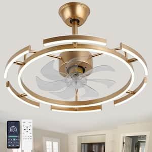 DeClue 24 in. Indoor French Gold 6 DIY Shapes Smart Ceiling Fan with Remote Futuristic UFO Design 6-Speed LED Fan lights