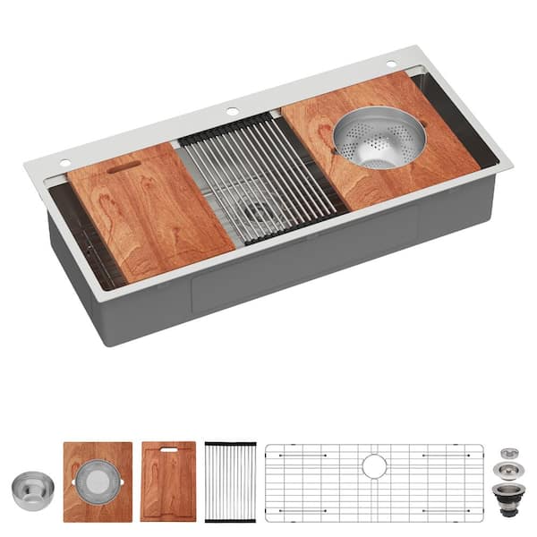 42 in. Drop-in/Topmount Single Bowl 16 Gauge Brushed Stainless Steel Workstation Kitchen Sink with Mixing Bowl