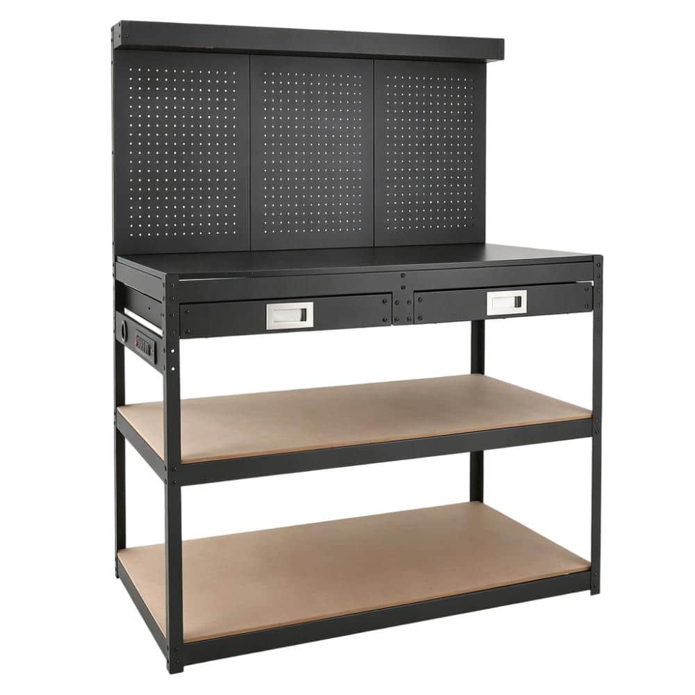Steel Workbench with Pegboard, 2 Drawers, 3 Shelves,Hardwood Top, Integrated Power Outlet for Garage, Workshop,Basement price history on PriceWatchPro