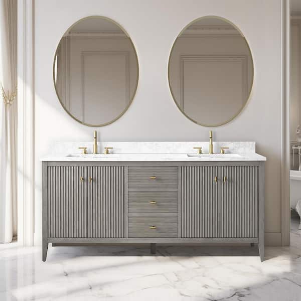 72 in. W x 22 in D x 38 in. H Double Sink Bath Vanity Cabinet in Linear Driftwood Gray with White Engineered Marble Top