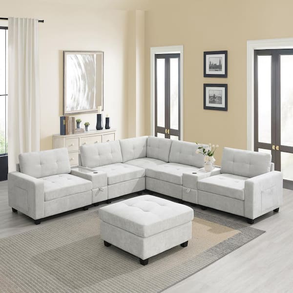 Harper & Bright Designs 104 in. Chenille U-Shaped Sectional Sofa in Light Gray with Ottoman, 2-Consoles, Wireless Charging, Storage Drawers
