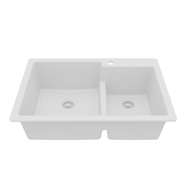 QT-811 Quartz 33 in. 60/40 Double Bowl Drop-In Kitchen Sink in White
