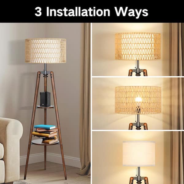 61 in. Walnut 1-Light Dimmable Tripod Floor Lamp with Rattan and Fabric Shades