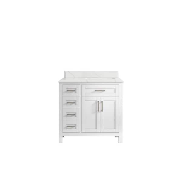 Willow Collections Cambridge 36 in. W x 22 in. D x 36 in. H Right Offset Sink Bath Vanity in White with Cove Edge Calacatta Quartz Top