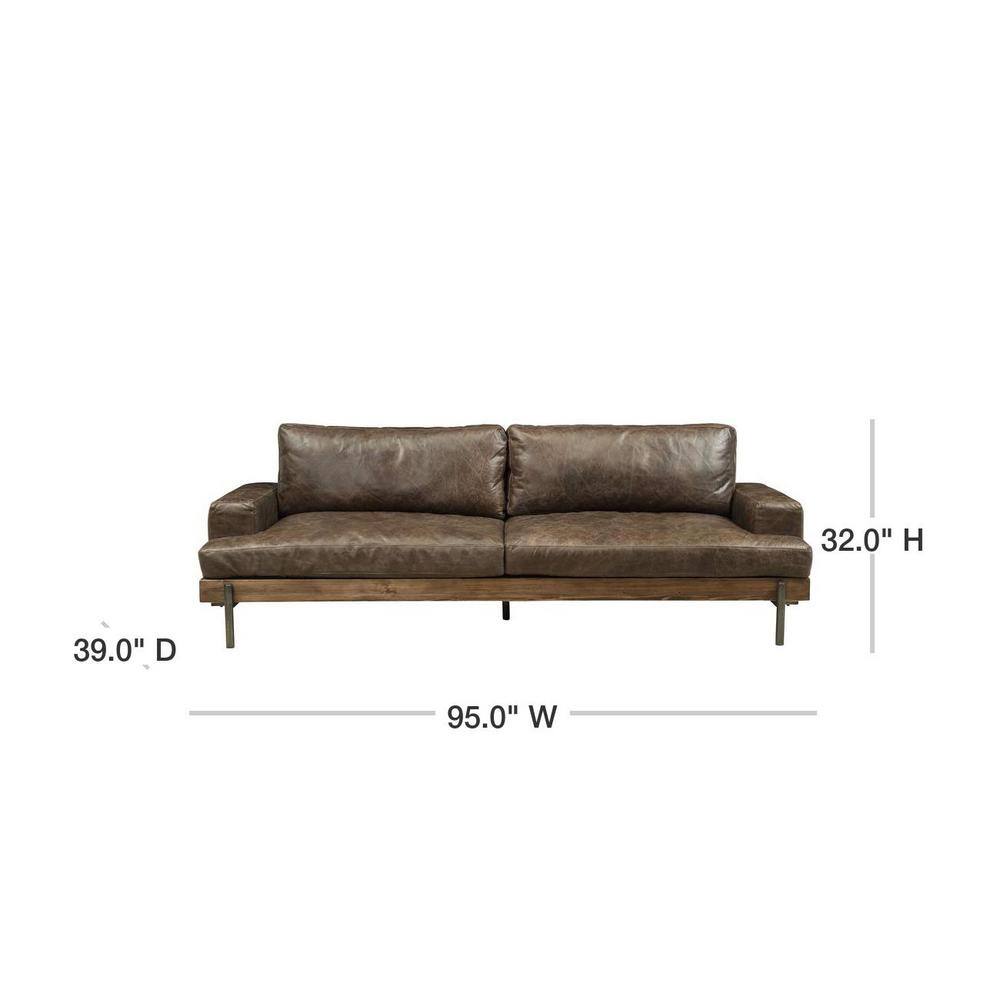 Elegant Oak and Distressed Chocolate Leather Sofa with Track Arms