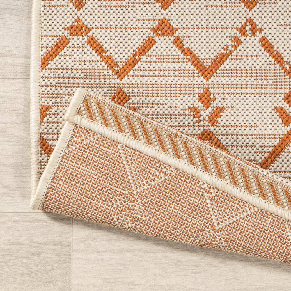 Cream and Orange Geometric Flatweave Indoor/Outdoor Rug