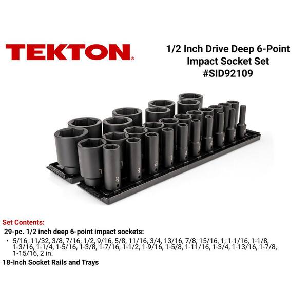 1/2 Inch Drive Deep 6-Point Impact Socket Set with Rails and Tray, 29-Piece (5/16-2 in. )