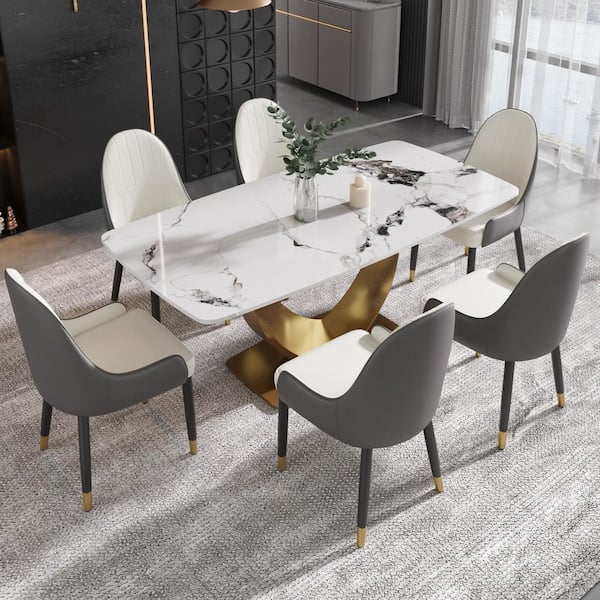 Pandora White Marble Top 70.86 in. W Luxe Dining Table with Carbon Steel Column Base Seats 8