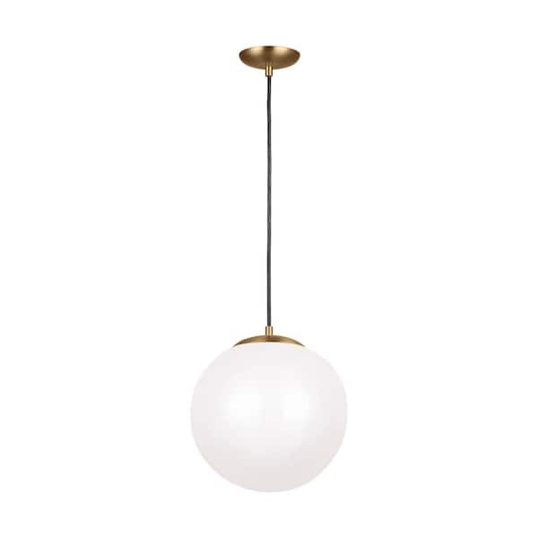 Generation Lighting Leo Hanging Globe 14 in. 14-Watt Integrated LED Satin Brass Pendant with Smooth White Glass Shade