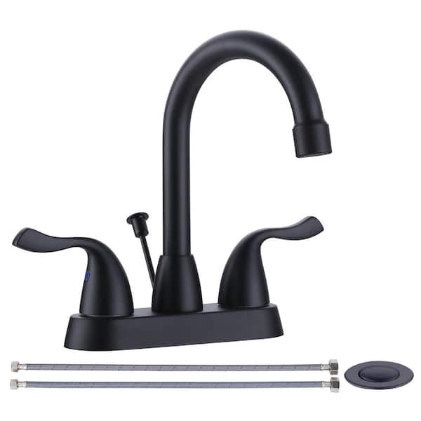 IVIGA 4 in. Centerset Double Handle High Arc Bathroom Faucet with Lift Rod Drain and Supply Lines in Matte Black