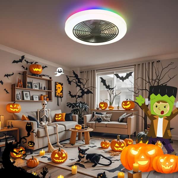 20 in. LED Indoor Black Low Profile RGB Flush Mount Ceiling Fan with Light Alexa Google Assistant Remote App Control