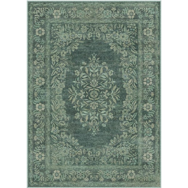 Kamuri Green 9 ft. x 12 ft. Vintage Washable Medallion Distressed Area Rug