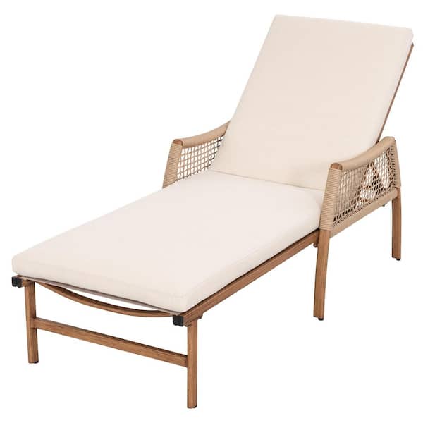 Nuu Garden Brown Aluminum and Rattan Outdoor Chaise Lounge Chair with Beige Zippered Cushion