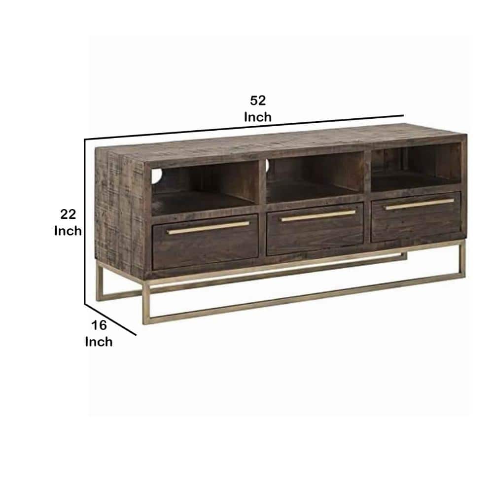 Transitional Reclaimed Pinewood TV Console with Drawers, Brown and Gold