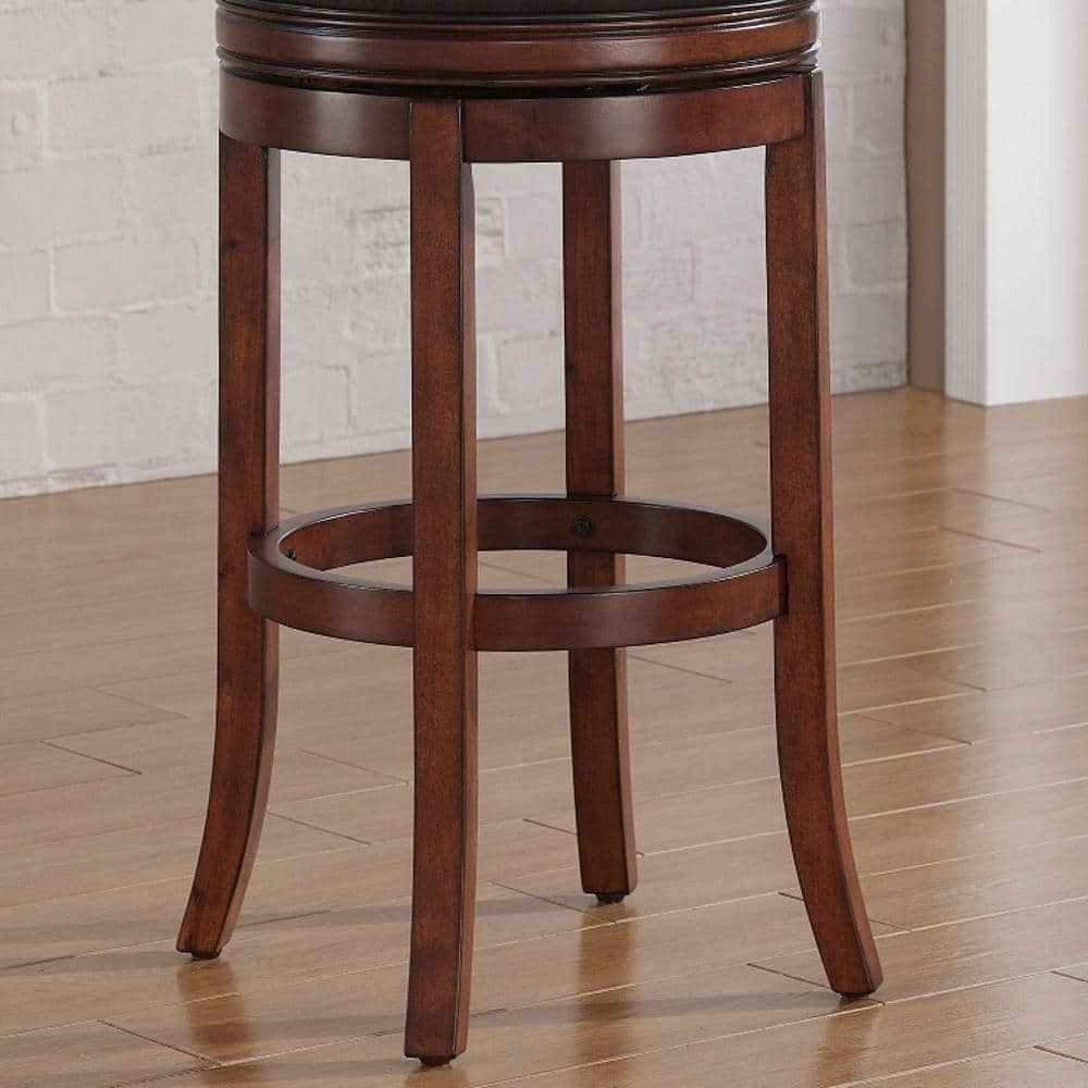 Transitional Brown Wood and Leather Swivel Bar Stool