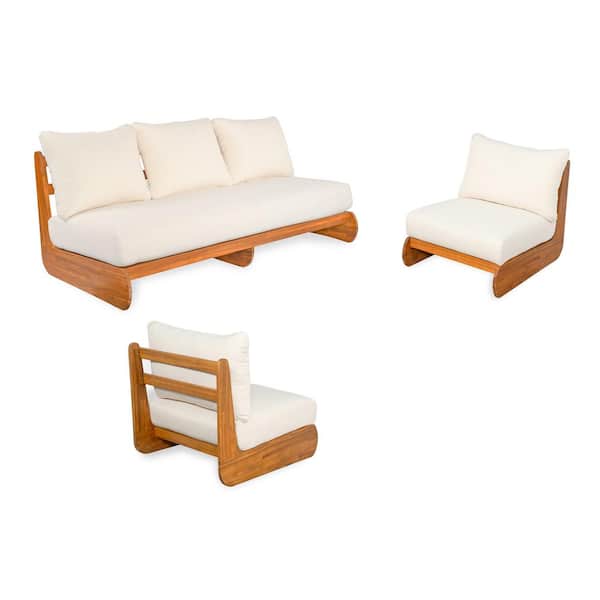 Leila Modern 3-Piece Teak Finish Solid Wood Patio Outdoor Sectional Sofa Set with Beige Cushions, Deep Seating