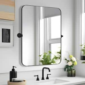 24 in. W x 31.5 in. H Modern Rectangle Metal Framed Black Pivoted Wall Vanity Mirror With Rounded Corners