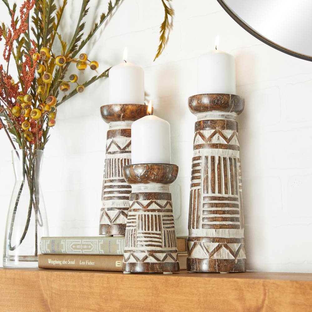 Mango Wood Trio Candle Holder Set in Dark Brown