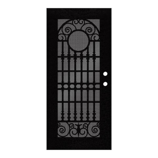 Unique Home Designs 30 in. x 80 in. Spaniard Black Right-Hand Surface Mount Aluminum Security Door with Black Perforated Metal Screen