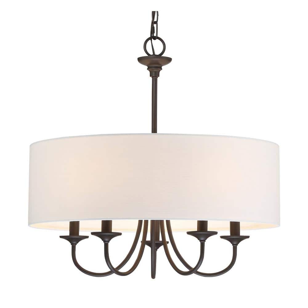 Oil-Rubbed Bronze 5-Light Chandelier with White Linen Drum Shade