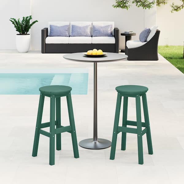 WESTIN OUTDOOR Laguna 29 in. HDPE Plastic All Weather Backless Round Seat Bar Height Outdoor Bar Stool in Dark Green (Set of 2)