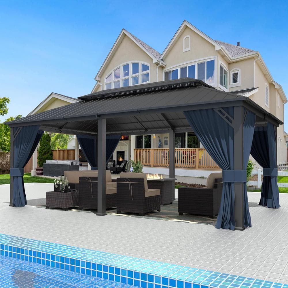 Halmuz 12 x 20 Gray Metal Hardtop Gazebo with Double Roof