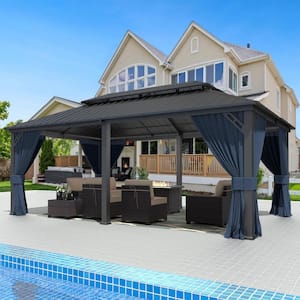 12 ft. x 20 ft. Gray Metal Hardtop Gazebo with Double Roof Pergola, Netting and Curtain Navy Blue