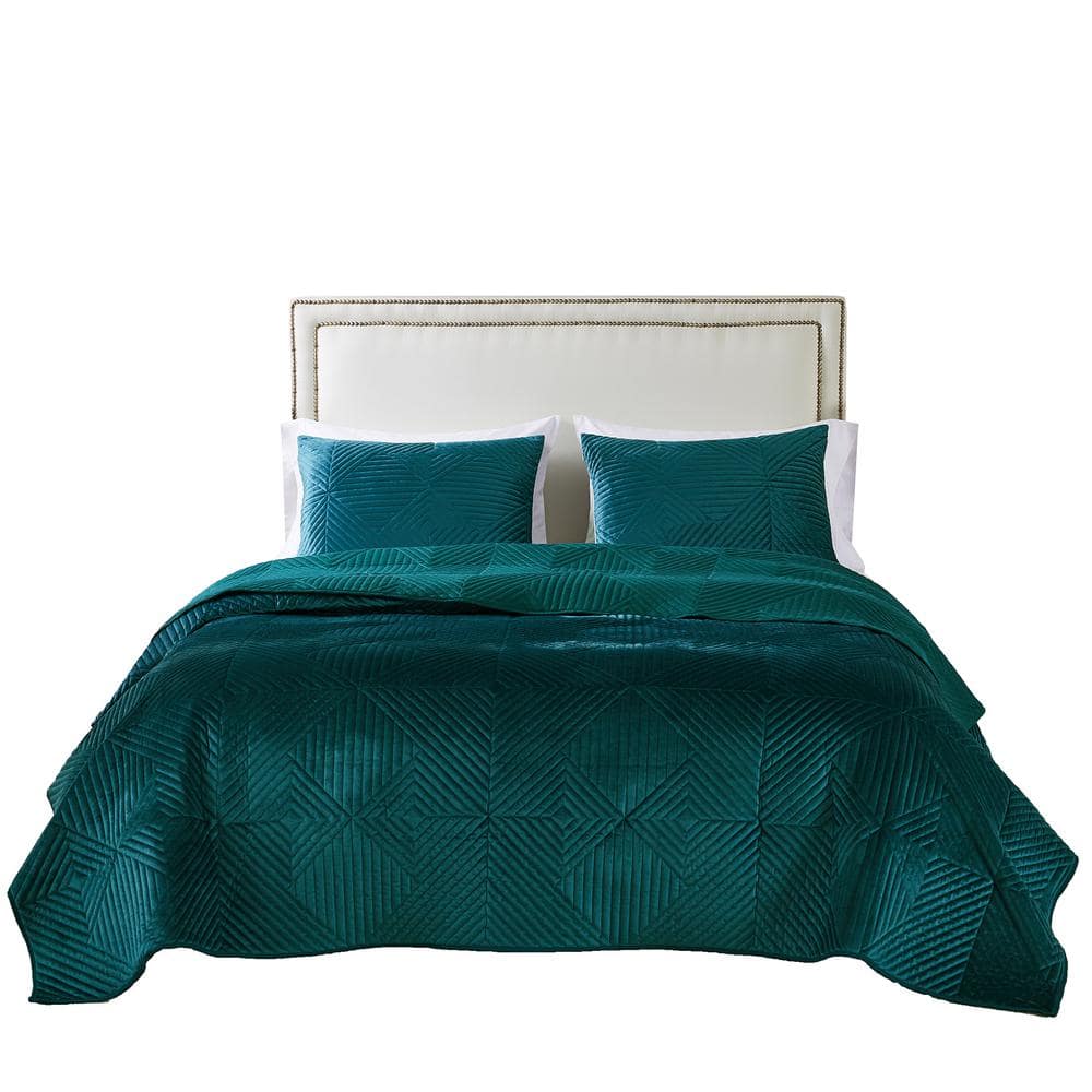 Teal Velvet Reversible King Quilt Set with Shams