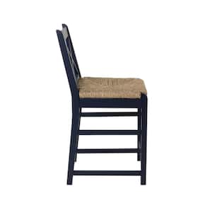 Dorsey Midnight Blue Wood Counter Stool with Back and Woven Rush Seat