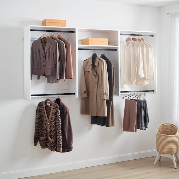 Vedz 94.49 in. W White and Black Starter Kit Walk in 1-Shelf Wall Mount Wood Closet System with 5 Hanging Rods