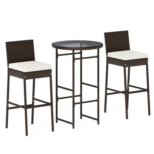 3-Piece Rattan and Metal Bar Height Patio Table and Chairs with Glass Tabletop