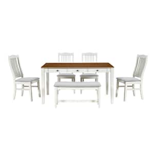 Butter Milk and Walnut 6-Piece Wood Table with Storage Drawer Chairs and Bench Outdoor Dining Set with Gray Cushion