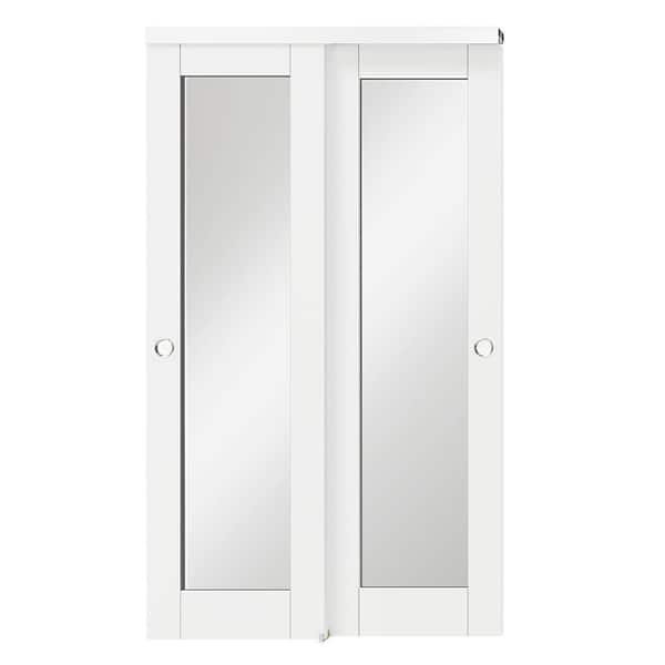 48 in. x 80 in. White, MDF and DIY Painted Double Mirrored Glass Panel Bypass Sliding Door with Aluminium Hardware