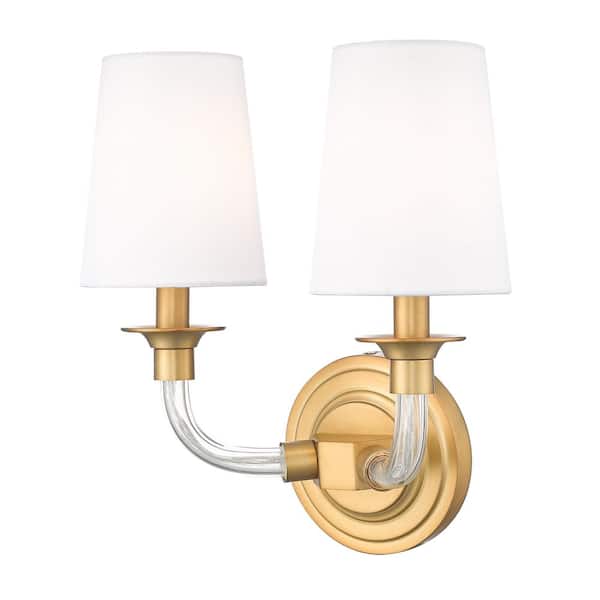 Unbranded Katerina 11.5 inch Rubbed Brass 2 Light Wall Sconce with White Fabric Shade