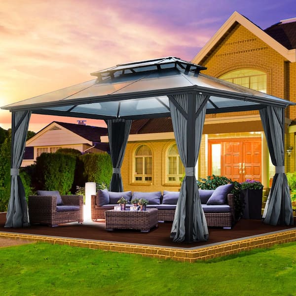 Clihome 10 ft. x 13 ft. Black Outdoor Gazebo with Netting and Curtains