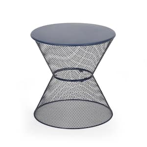 Stylish and Modern Design Round Iron Outdoor Side Table with Breezy Mesh Look, Silhouette for Outdoor Use in Navy Blue