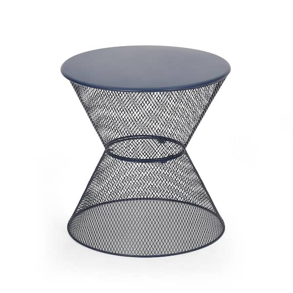 Misopily Stylish and Modern Design Round Iron Outdoor Side Table with Breezy Mesh Look, Silhouette for Outdoor Use in Navy Blue
