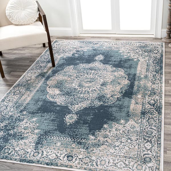 JONATHAN Y Ivory/Blue 8 ft. x 10 ft. Rosalia Cottage Medallion Area Rug